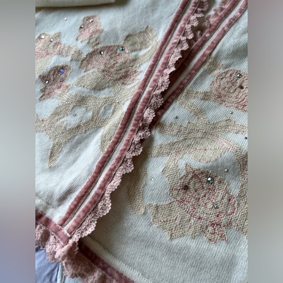 Moiselle Womens Pink White Embroidered Floral Wool Cottagecore Cardigan 2 - Picture 9 of 10